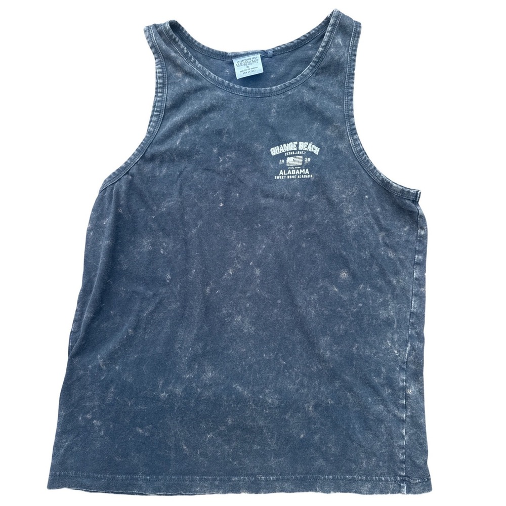 U.S. Vintage Tank Top Mens Small Black Orange Beach Alabama Acid Wash